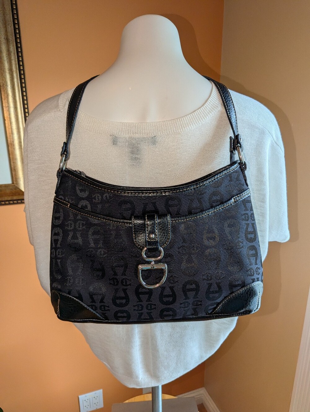 Etienne Aigner Black Patterned Shoulder Bag with Silver Hardware